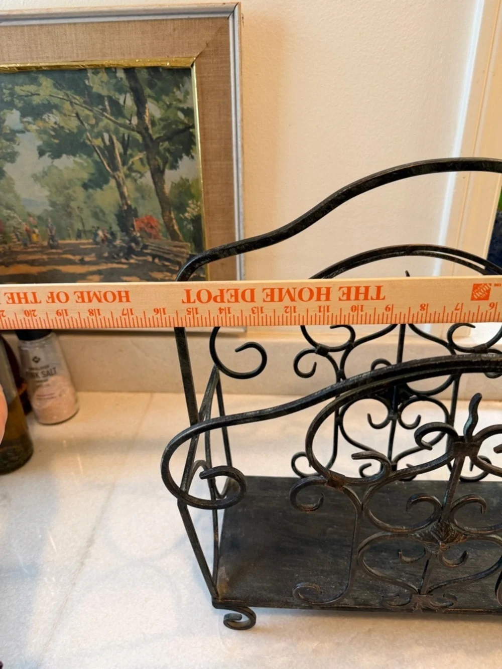 Vintage French Country Black Metal Magazine Rack with patina